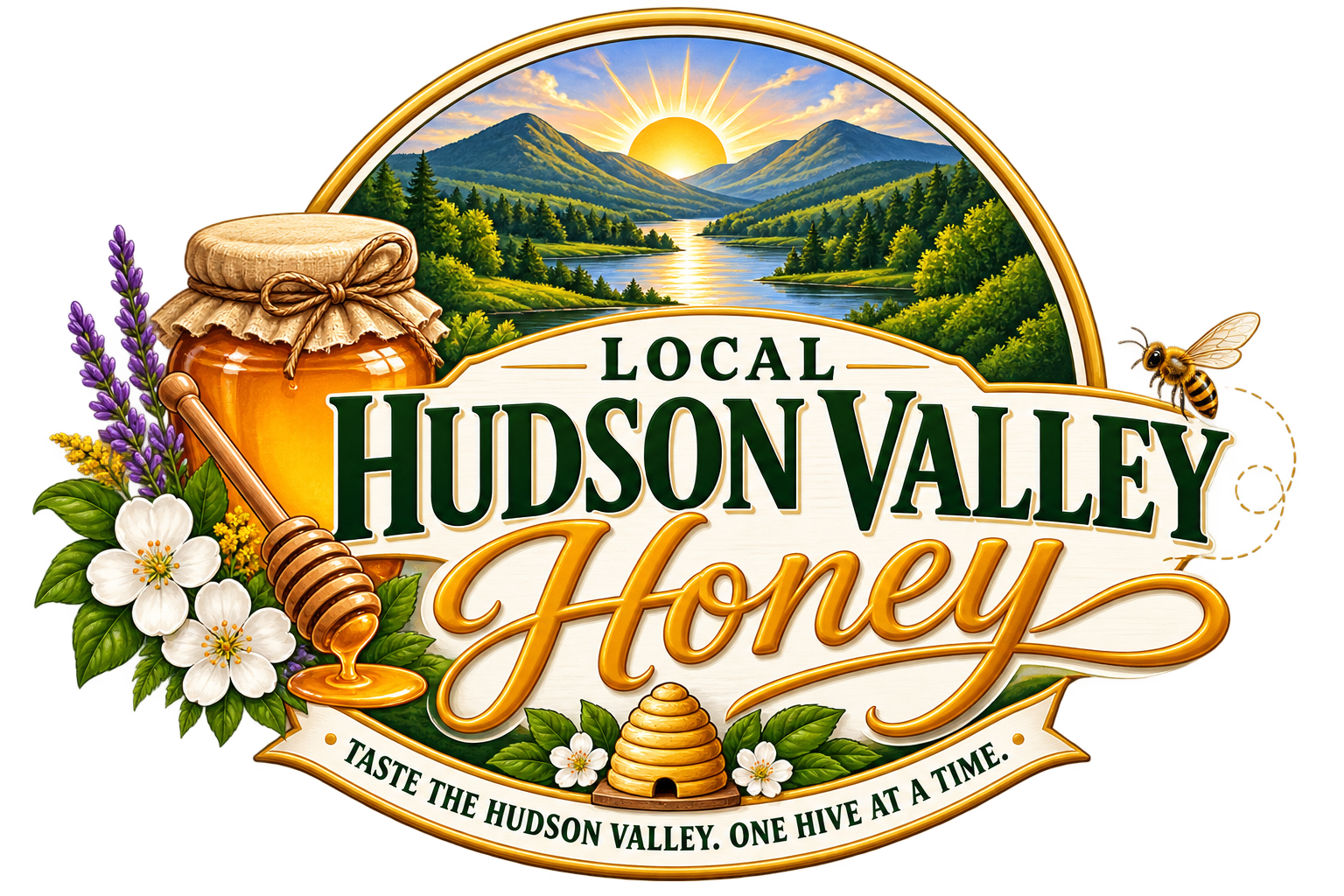 Local Hudson Valley Honey logo: Hudson Valley landscape, honey jar and wildflowers