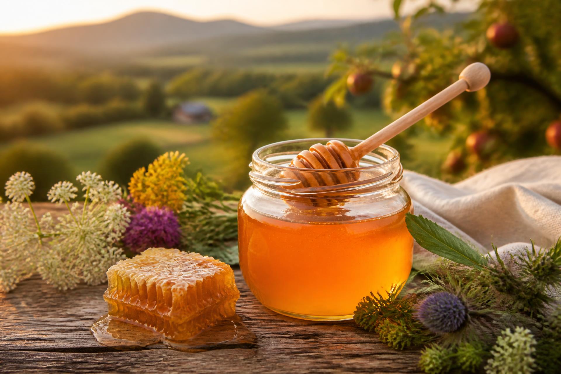 Jar of Hudson Valley honey with honeycomb and wildflowers on a rustic table, farm landscape behind