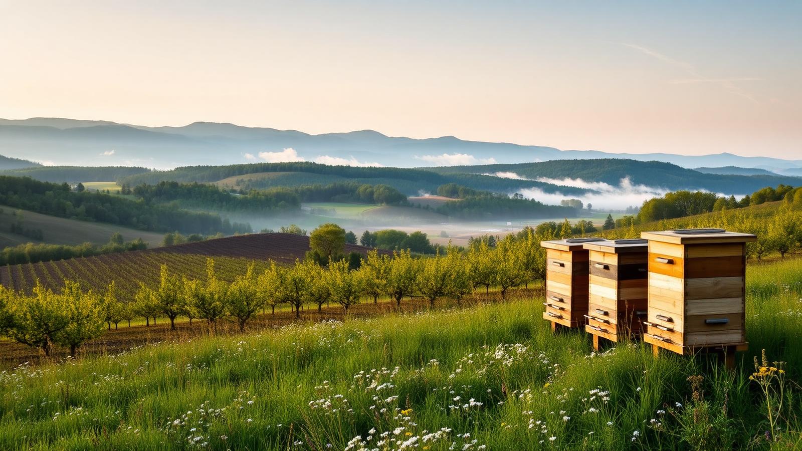 Beehives at the edge of a wildflower meadow with Hudson Valley orchards and hills